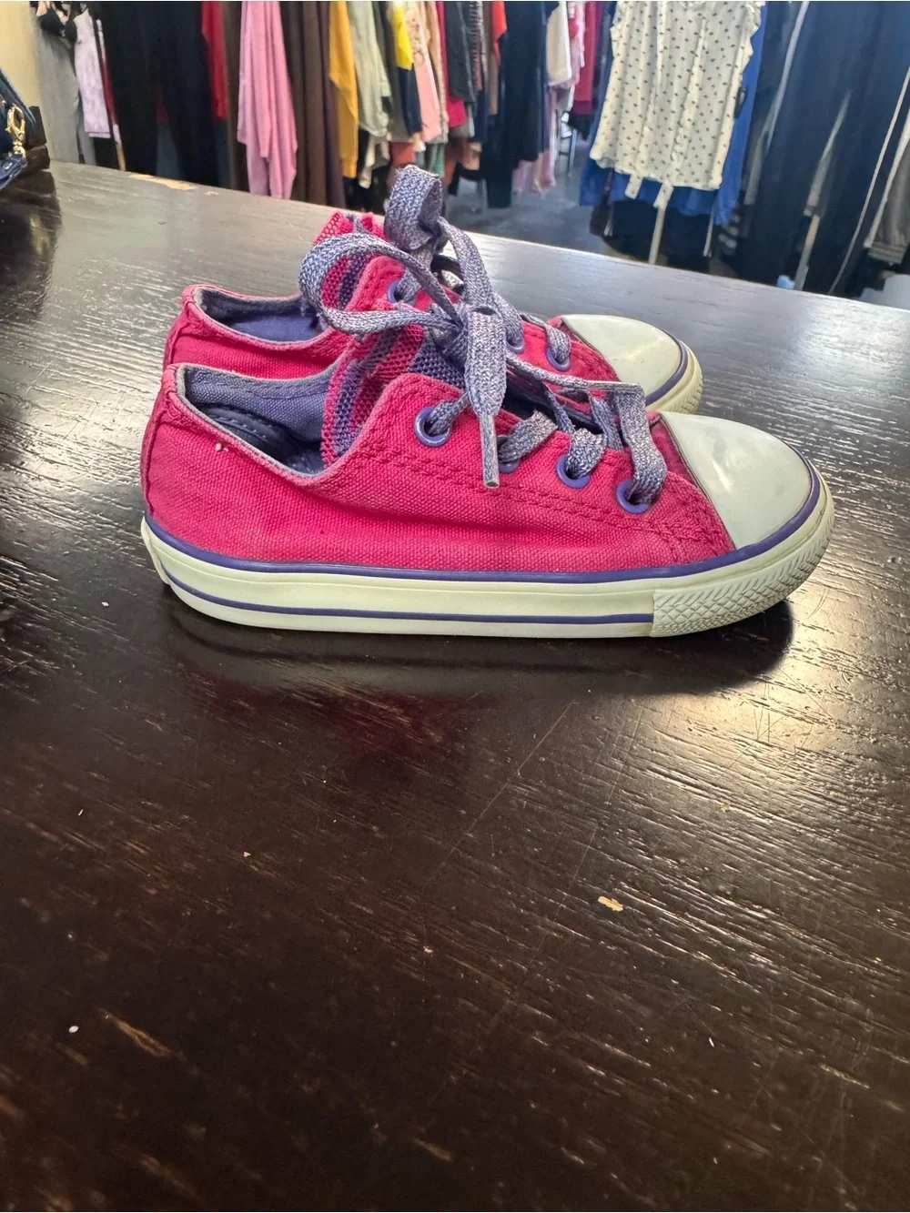 Converse Kids Low-Top Canvas Sneakers in Bright Pink with Purple Laces
